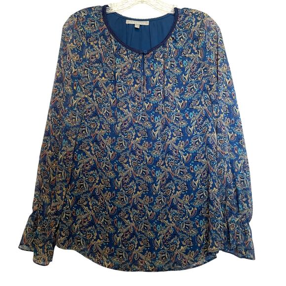 Daniel Rainn Blue Paisley Keyhole Blouse Womens Medium Long Sleeve Career Top - Picture 2 of 10